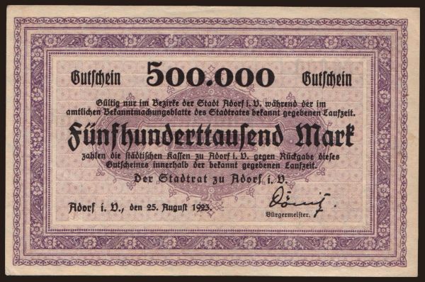 Germany, Grossgeld, Inflation, 1923: Adorf/ Stadt, 500.000 Mark, 1923