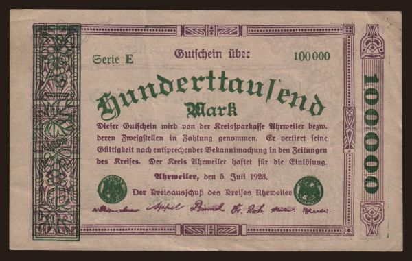 Nemecko, Grossgeld, Inflation, 1923: Ahrweiler/ Kreis, 100.000 Mark, 1923