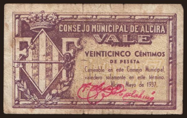 Europe, Spain, Spain - Local issues: Alcira, 25 centimos, 1937