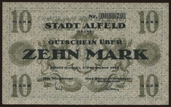 Nemecko, Grossgeld, Inflation, 1918-1920: Alfeld/ Stadt, 10 Mark, 1918