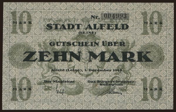 Germany, Grossgeld, Inflation, 1918-1920: Alfeld/ Stadt, 10 Mark, 1918