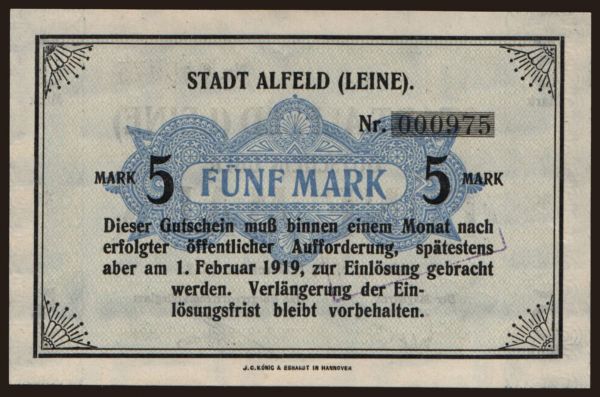 Germany, Grossgeld, Inflation, 1918-1920: Alfeld/ Stadt, 5 Mark, 1918