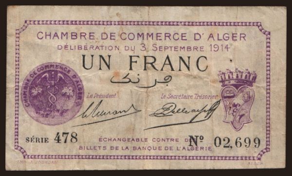 Africa, Algeria: Alger, 1 franc, 1914