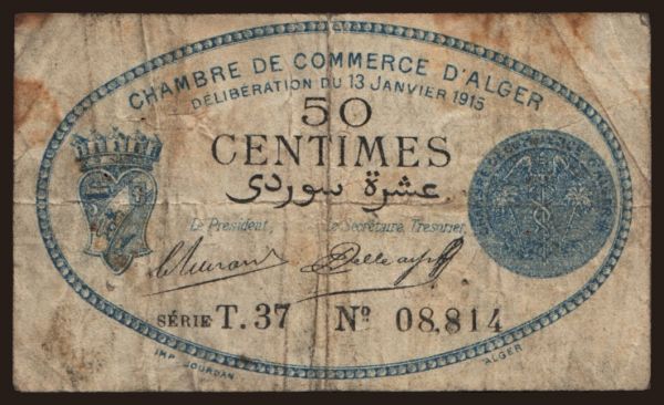 Afrika, Algéria: Alger, 50 centimes, 1915