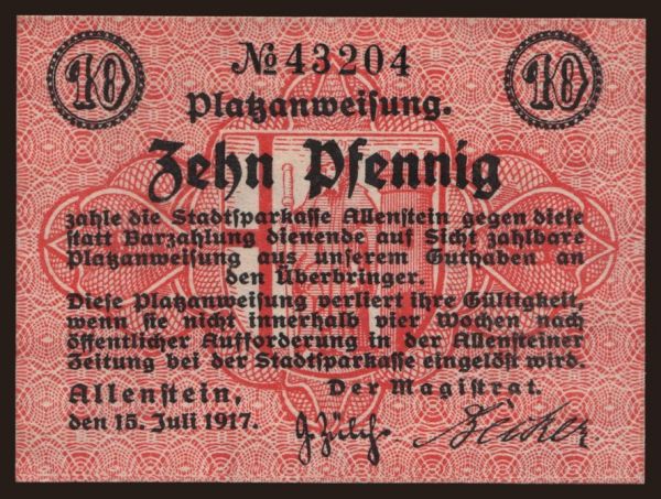 Nemecko, Verkehrsausgaben, 1916-1922: Allenstein (Olsztyn), 10 Pfennig, 1917