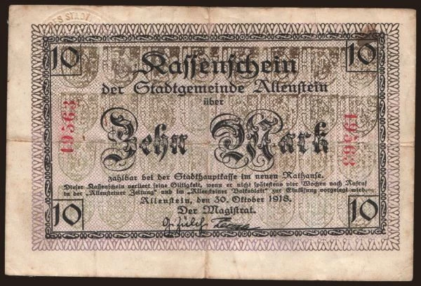 Németország, Grossgeld, Inflation, 1918-1920: Allenstein/ Stadt, 10 Mark, 1918