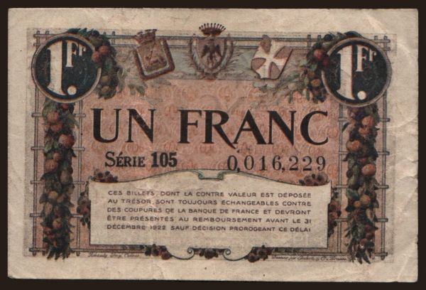 Európa, Francúzsko, Francúzsko - Núdzovky: Alpes-Maritimes, 1 franc, 1920