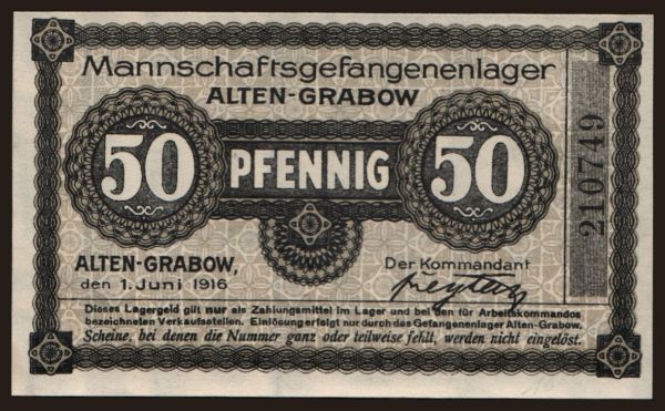 Nemecko, Kriegsgefangenenlager, 1915-1918: Alten-Grabow, 50 Pfennig, 1916