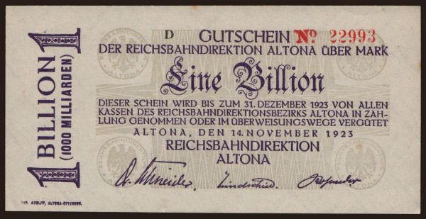 Germany, Deutsche Reichsbahn / Reichspost: Altona, 1.000.000.000.000 Mark, 1923