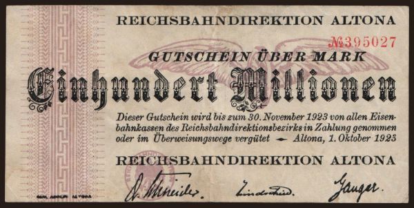 Germany, Deutsche Reichsbahn / Reichspost: Altona, 100.000.000 Mark, 1923