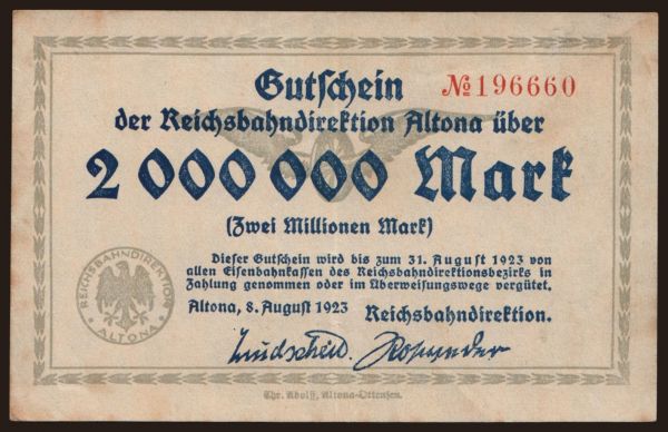 Germany, Deutsche Reichsbahn / Reichspost: Altona, 2.000.000 Mark, 1923