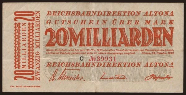 Germany, Deutsche Reichsbahn / Reichspost: Altona, 20.000.000.000 Mark, 1923