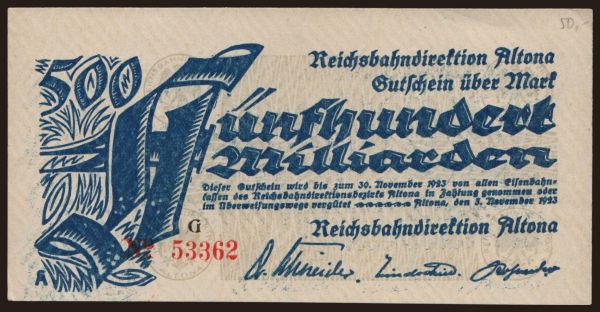 Németország, Deutsche Reichsbahn / Reichspost: Altona, 500.000.000.000 Mark, 1923