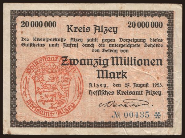 Germany, Grossgeld, Inflation, 1923: Alzey/ Hessisches Kreisamt, 20.000.000 Mark, 1923