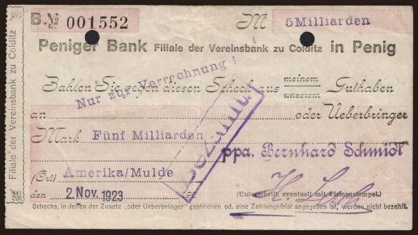 Nemecko, Grossgeld, Inflation, 1923: Amerika/ Peniger Bank, 5.000.000.000 Mark, 1923