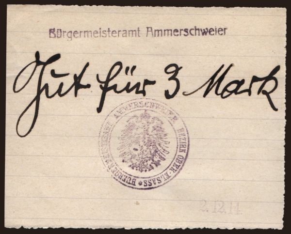 Germany, Notgeld, 1914-1915: Ammerschweier/ Bürgermeisteramt, 3 Mark, 1914