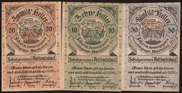 Austria and Austro-Hungary, Notgeld - Heller, Firmen (1918-1923): Amstetten/ Antisemitenbund, 10, 20, 50 Heller, 1920