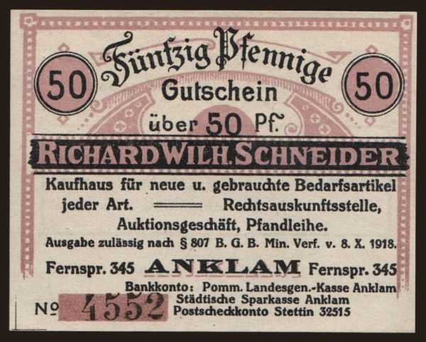 Németország, Verkehrsausgaben, 1916-1922: Anklam/ Richard Wilh. Schneider, Kaufhaus, 50 pfennig, 1920