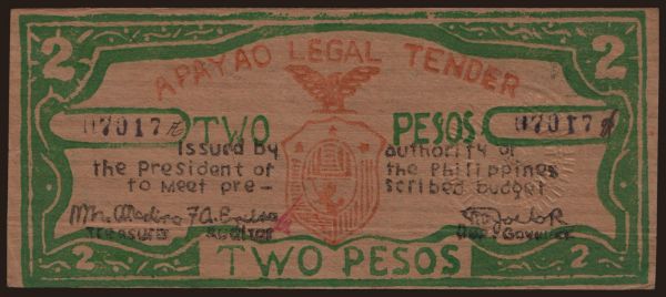 Ázia, Filipí­ny, Filipí­ny - Núdzové vydania: Apayao, 2 pesos, 1942