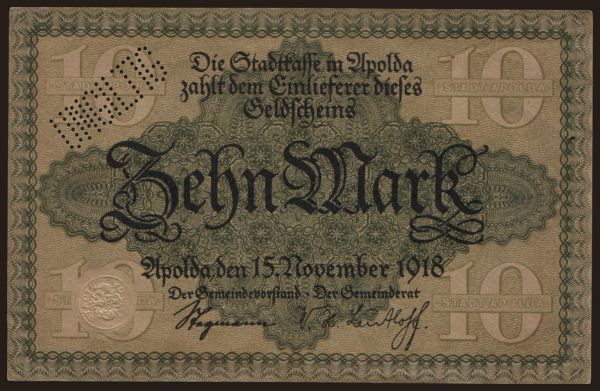 Nemecko, Grossgeld, Inflation, 1918-1920: Apolda/ Stadt, 10 Mark, 1918