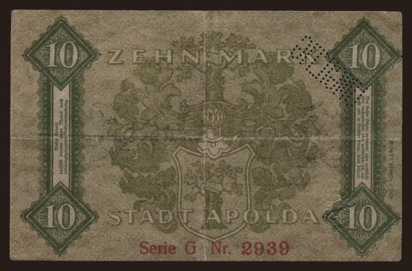 Németország, Grossgeld, Inflation, 1918-1920: Apolda/ Stadt, 10 Mark, 1918