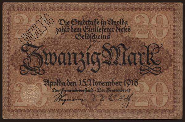 Nemecko, Grossgeld, Inflation, 1918-1920: Apolda/ Stadt, 20 Mark, 1918