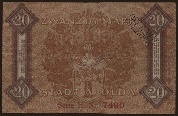 Nemecko, Grossgeld, Inflation, 1918-1920: Apolda/ Stadt, 20 Mark, 1918