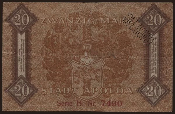 Németország, Grossgeld, Inflation, 1918-1920: Apolda/ Stadt, 20 Mark, 1918