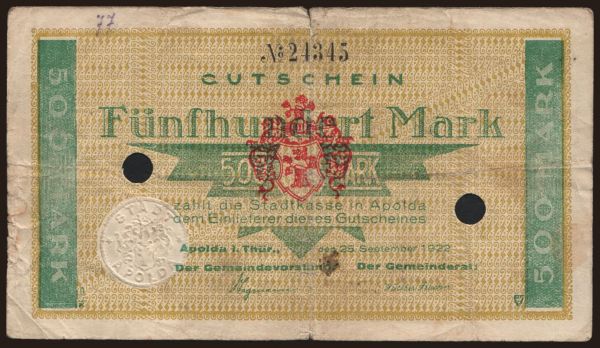 Nemecko, Grossgeld, Inflation, 1922: Apolda/ Stadt, 500 Mark, 1922