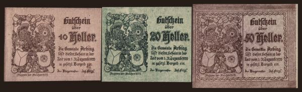 Ausztria és Osztrák-Magyar Monarchia, Notgeld - Heller, települések (1918-1923): Arbing, 10, 20, 50 Heller, 1920