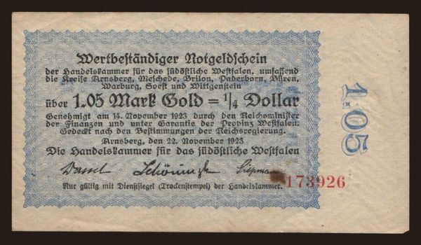 Germany, Goldmark, Goldpfennig, Dollar 1923: Arnsberg/ Handelskammer für das südöstliche Westfalen, 1.05 Mark Gold, 1923