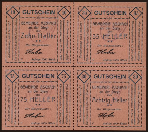 Austria and Austro-Hungary, Notgeld - Heller, Gemeinde (1918-1923): Aschach, 10, 35, 60, 75 Heller, 1920