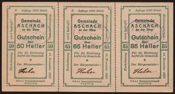 Austria and Austro-Hungary, Notgeld - Heller, Gemeinde (1918-1923): Aschach, 50, 65, 85 Heller, 1920