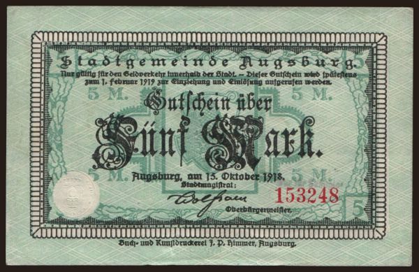 Németország, Grossgeld, Inflation, 1918-1920: Augsburg/ Stadt, 5 Mark, 1918