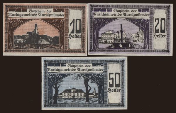 Ausztria és Osztrák-Magyar Monarchia, Notgeld - Heller, települések (1918-1923): Aurolzmünster, 10, 20, 50 Heller, 1920