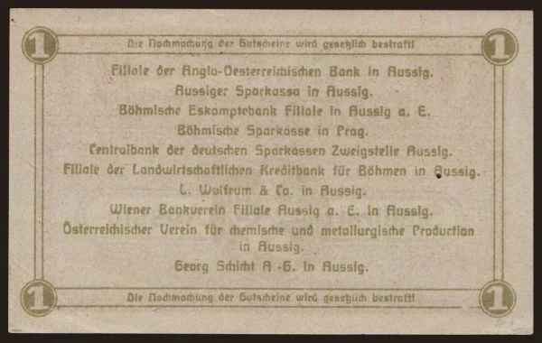 Csehszlovákia és utódállamai, Helyi kiadások: Aussig, 1 Krone, 1918