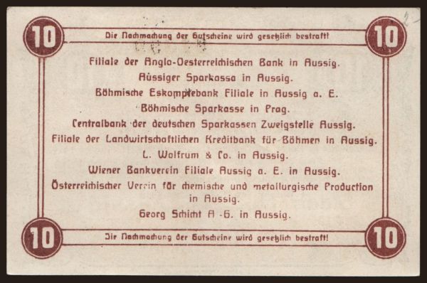 Csehszlovákia és utódállamai, Helyi kiadások: Aussig, 10 Kronen, 1918