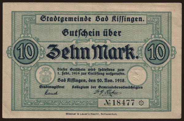 Németország, Grossgeld, Inflation, 1918-1920: Bad Kissingen/ Stadt, 10 Mark, 1918