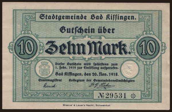 Németország, Grossgeld, Inflation, 1918-1920: Bad Kissingen/ Stadt, 10 Mark, 1918