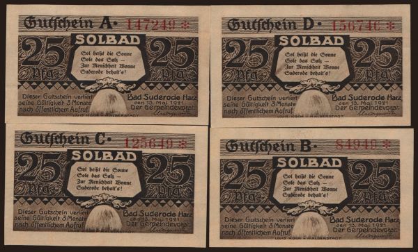 Nemecko, Serienscheine, 1921-1922: Bad Suderode, 4x 25 Pfennig, 1921