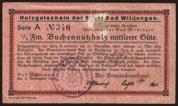 Nemecko, Goldmark, Goldpfennig, Dollar 1923: Bad Wildungen/ Stadt, 1/2 Festmeter Buchennutzholz, 1923