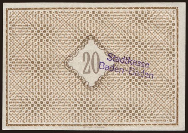 Németország, Grossgeld, Inflation, 1918-1920: Baden-Baden/ Stadt, 20 Mark, 1918