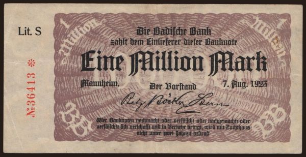 Németország, Länderbanknoten, 1871-1935: Badische Bank, 1.000.000 Mark, 1923