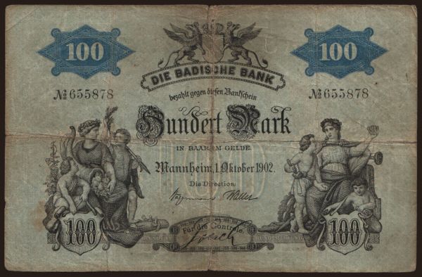 Németország, Länderbanknoten, 1871-1935: Badische Bank, 100 Mark, 1902