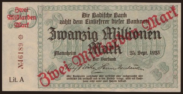 Nemecko, Länderbanknoten, 1871-1935: Badische Bank, 2.000.000.000 Mark, 1923