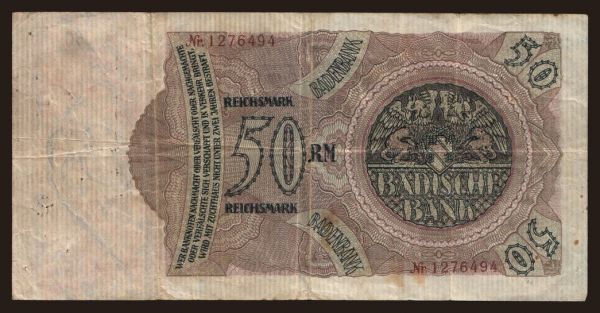 Nemecko, Länderbanknoten, 1871-1935: Badische Bank, 50 Reichsmark, 1924