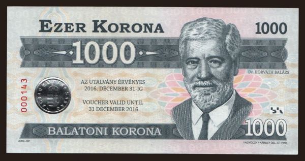 Hungary, Forint, 1946-: Balaton, 1000 korona, 2016