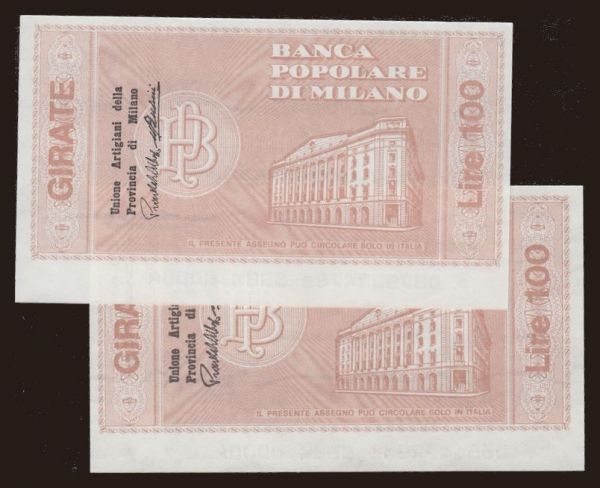 Europe, Italy, Italy - Miniassegni, 1977: Banca Popolare di Milano, 100 lire, 1977, (2x)