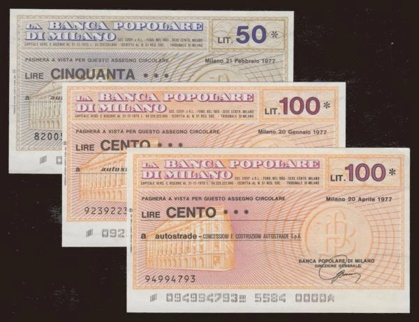 Európa, Taliansko, Taliansko - Miniassegni, 1977: Banca Popolare di Milano, 50-100 lire, 1977, (3x)