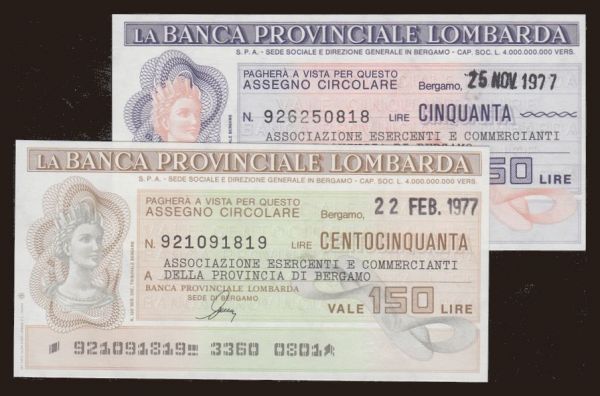 Európa, Olaszország, Olaszország - Miniassegni, 1977: Banca Provinciale Lombarda, 50, 150 lire, 1977, (2x)